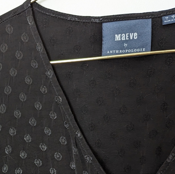 Maeve Anthropologie Button Up Black Eudora Midi Dress Satin Textured Polka Dots - Picture 6 of 6